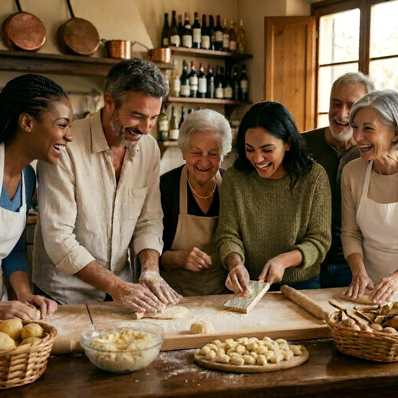 Couple learning to cook pasta with Italian locals