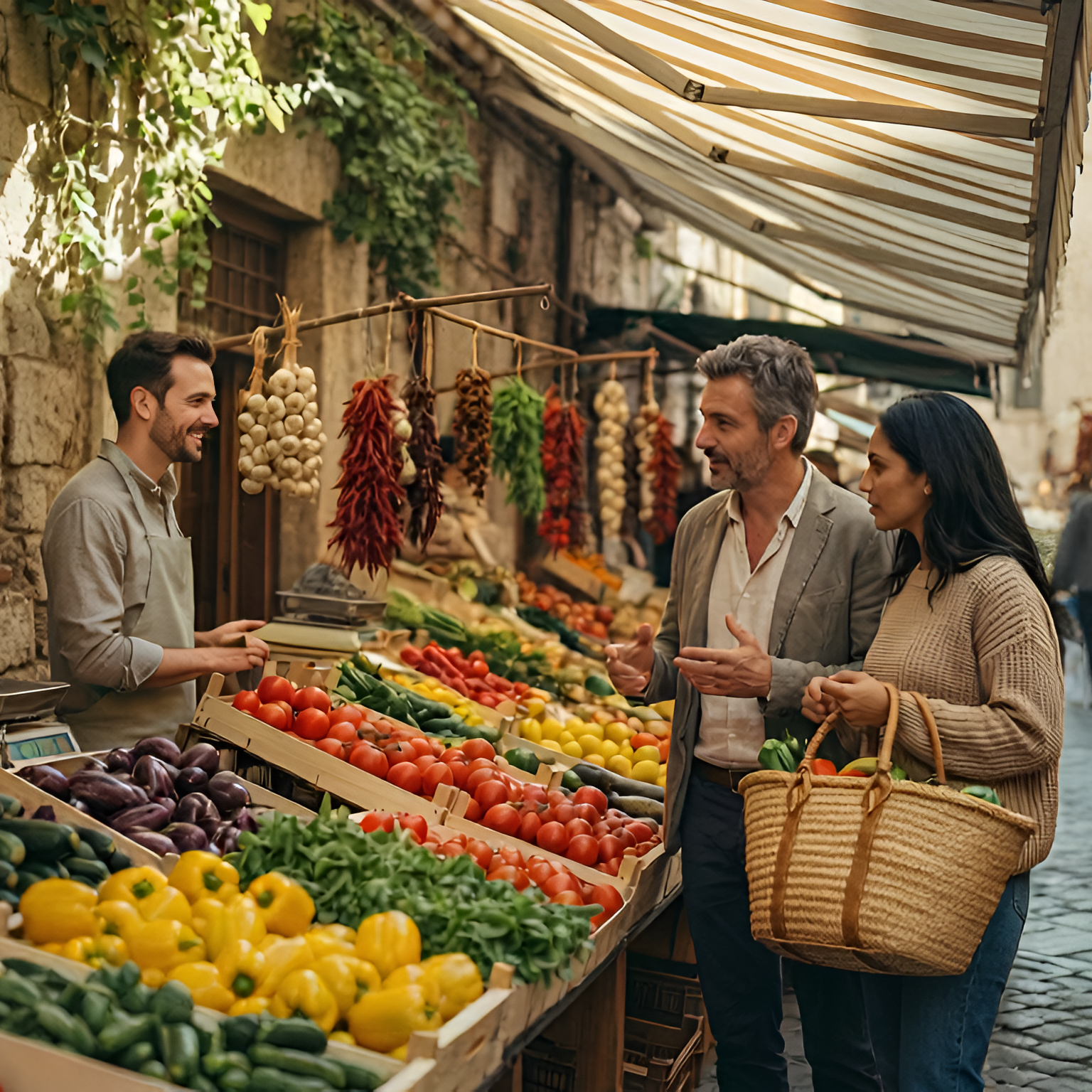 Couple shopping at an Italian market