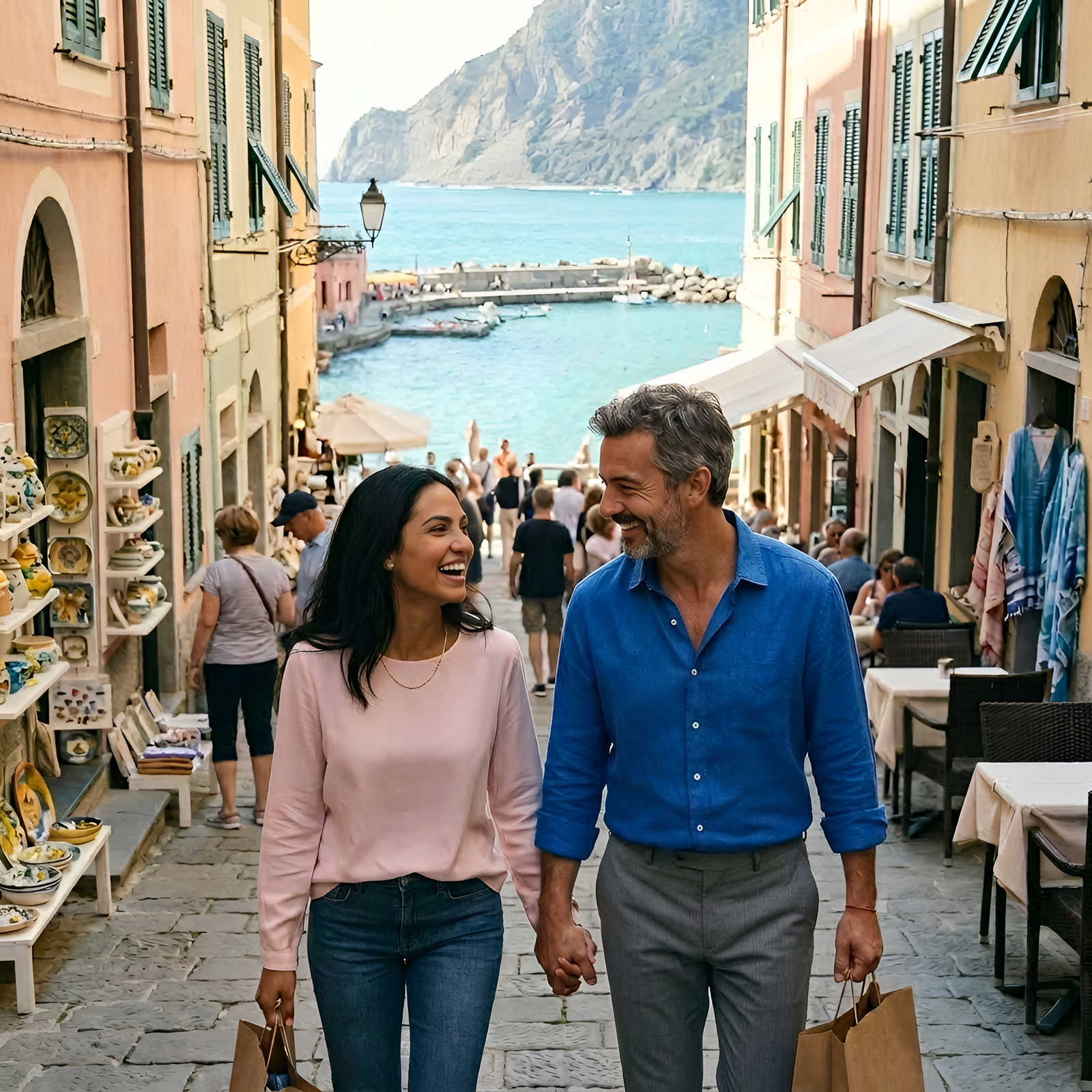 Couple walking through a coastal Italian village