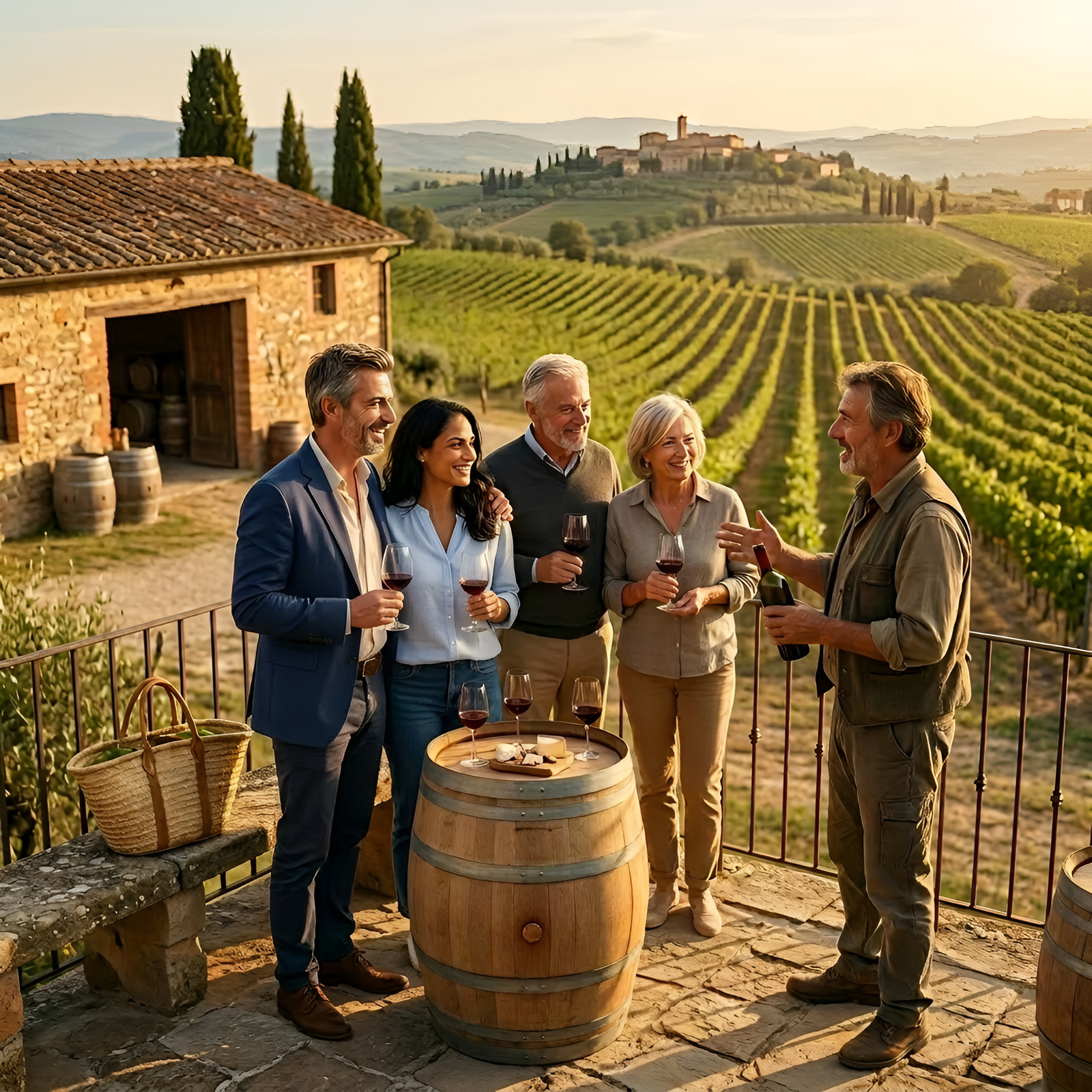 Couple tasting wine at a Tuscan vineyard