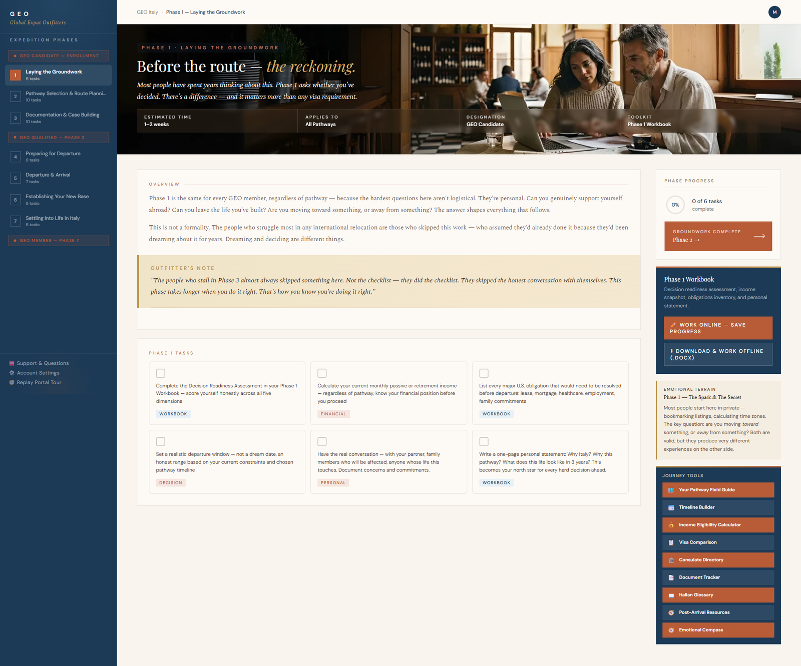 GEO Italy portal — Phase 1 Laying the Groundwork with tasks, tools, and progress tracking