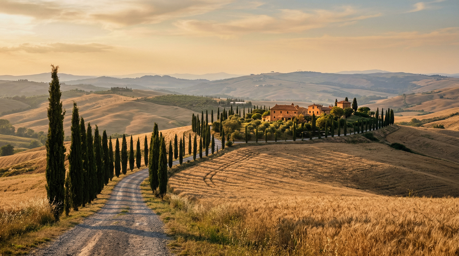 Rolling hills of Tuscany at golden hour